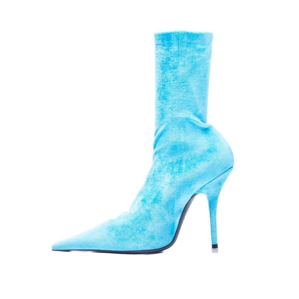 BALENCIAGA Knife Sock Boots Aqua Blue Velvet EU 38.5 US 8 Pointed Heels NWOB